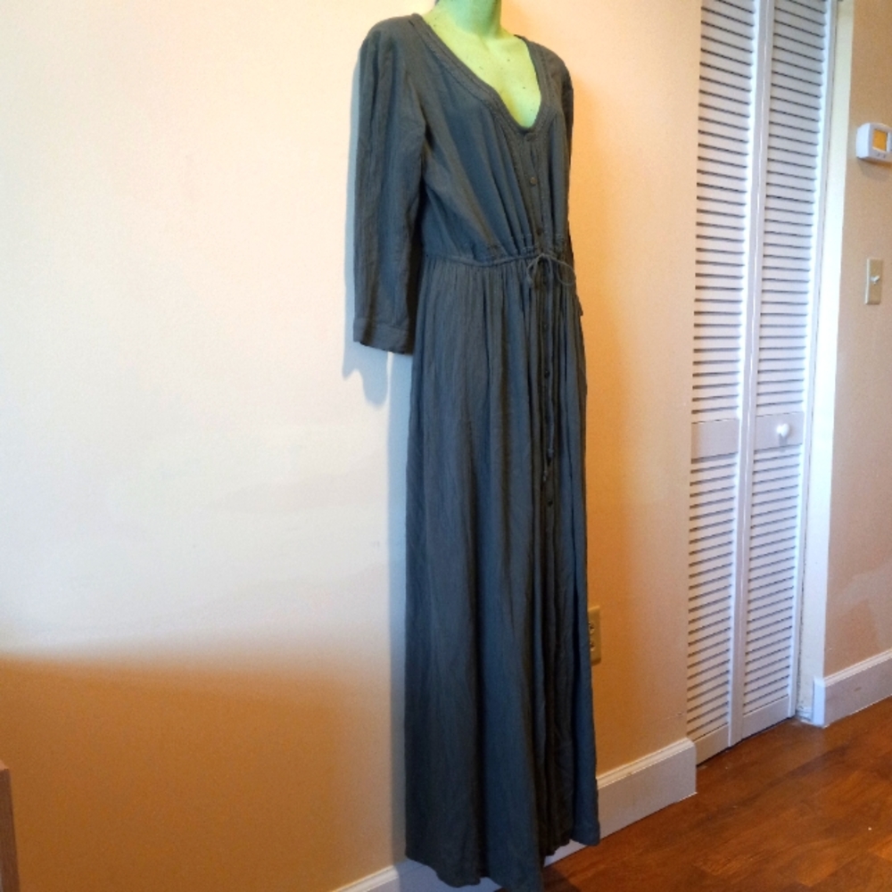 EARTHBOUND olive green button front maxi dress with drawstring waist
